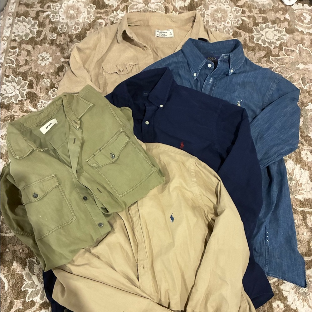 5 Men’s Shirts Bundle – Size L – Polo, Abercrombie, Buck Mason – Great Deal!